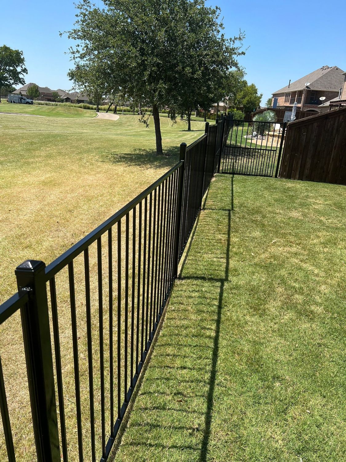 Black aluminum fence with a gate along a golf course backyard